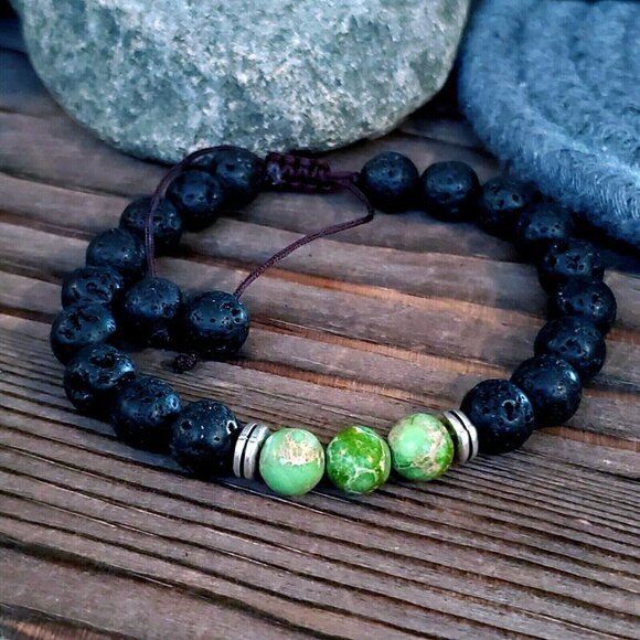 Chakra Healing Gemstone Bracelet Green Aqua Terra Jasper Black Lava - Picture 6 of 7